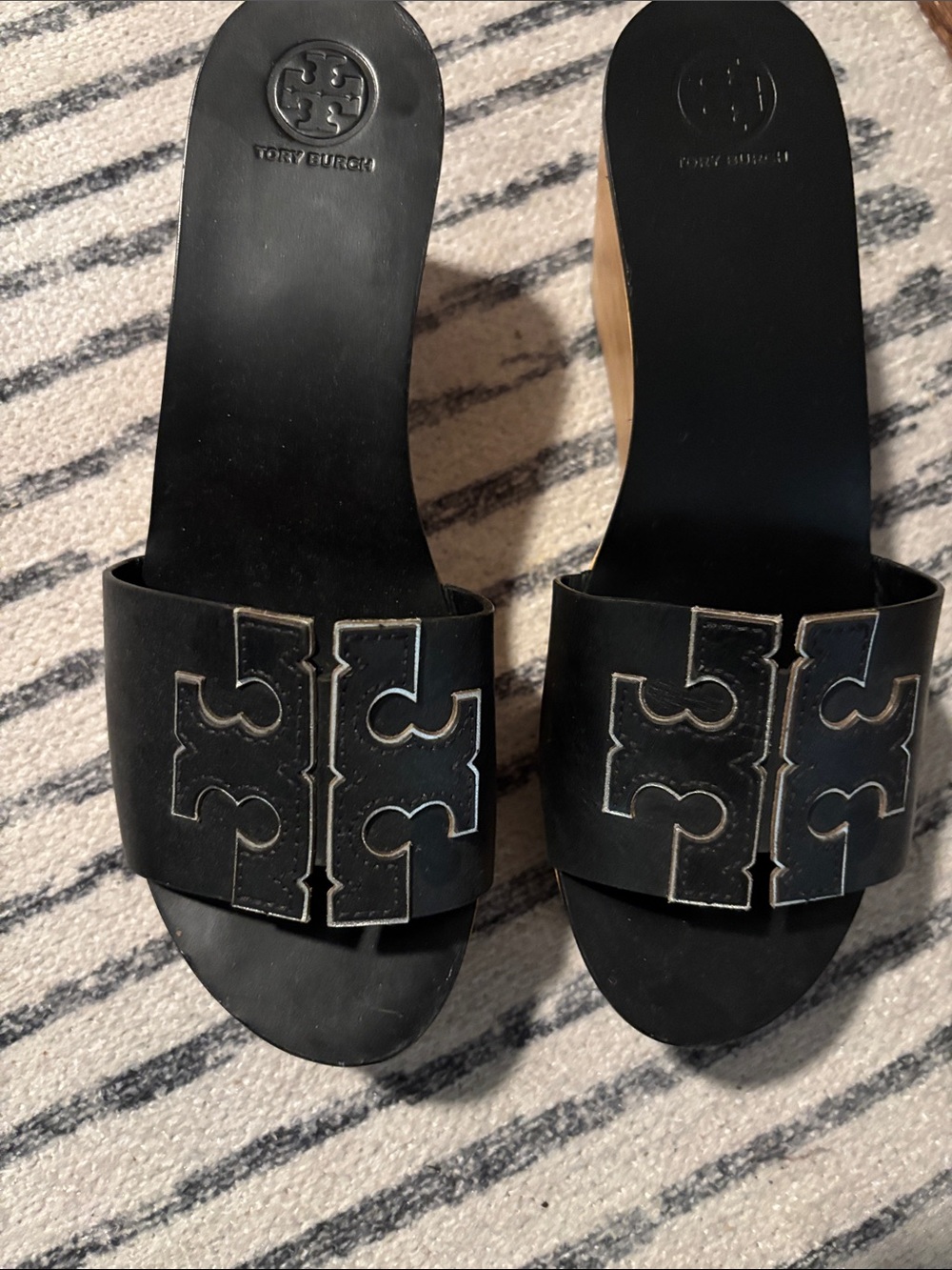 Tory Burch Black Leather Logo Slide Mules